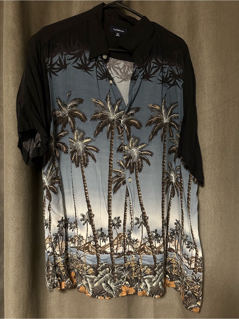 Club Room Black and Blue Palm-Print Short-Sleeve Button-Down Shirt